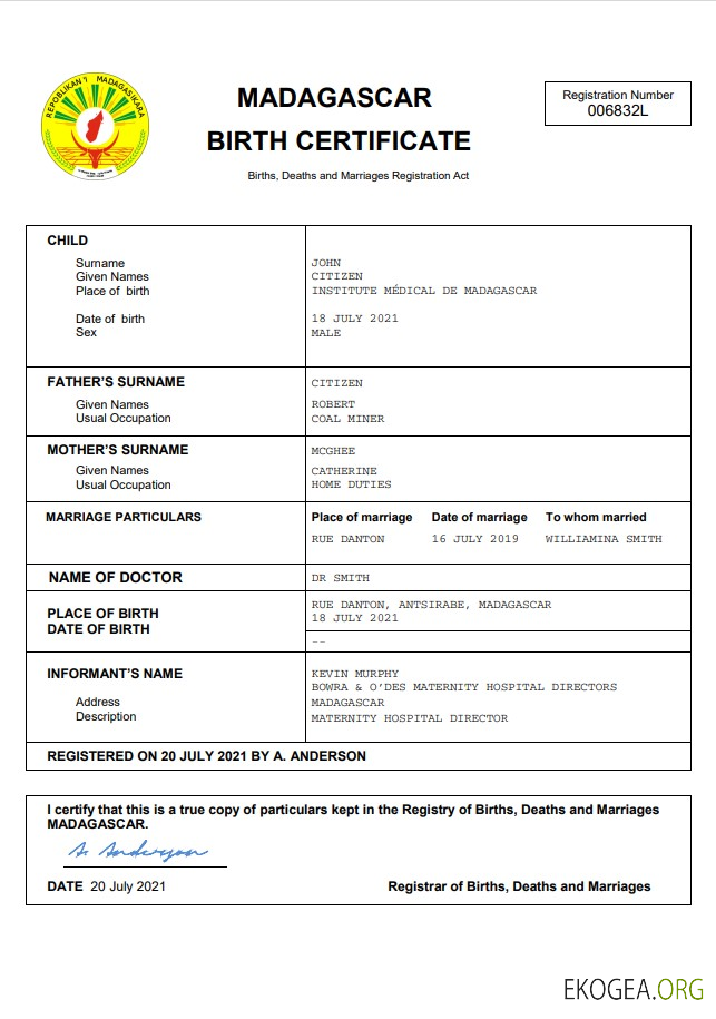 Acte d'état civil de Madagascar, modèle Word et PDF